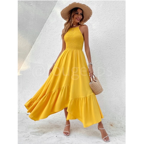 Shirred Cami Yellow Flared Maxi Long Dress Asymmetrical Hem - Picture 1 of 14